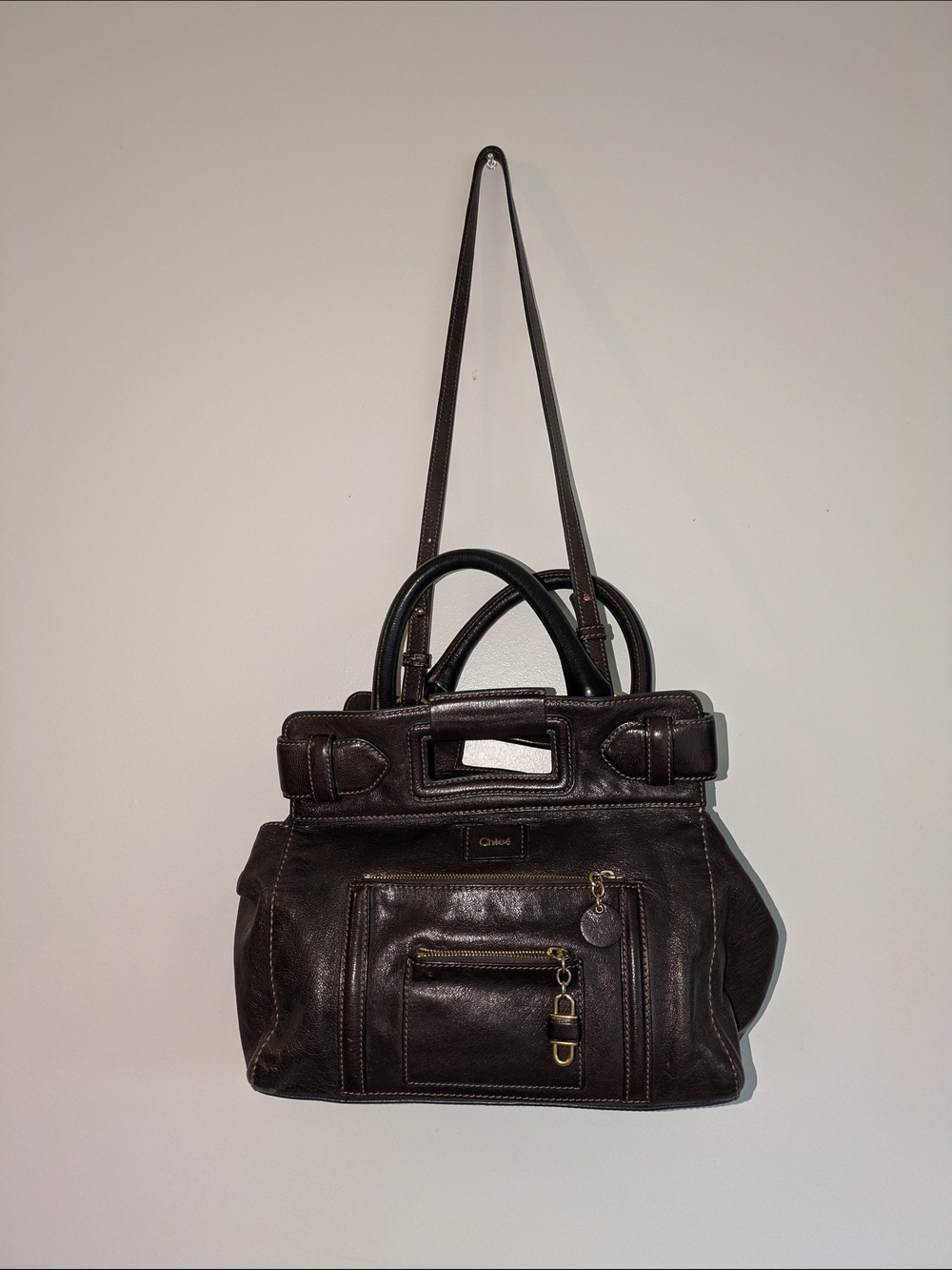 Chloe Dark Brown Leather Shoulder Bag with Front Zip and Charm